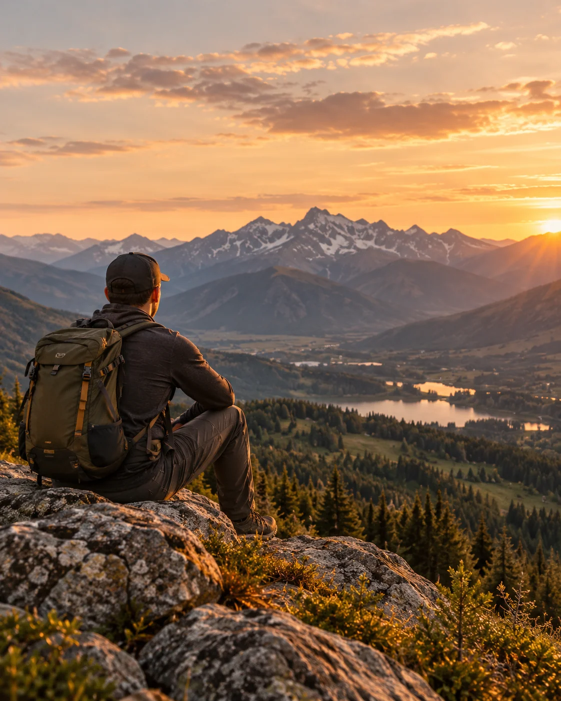 A hiker seen from behind looking over mountain ridges at sunset.